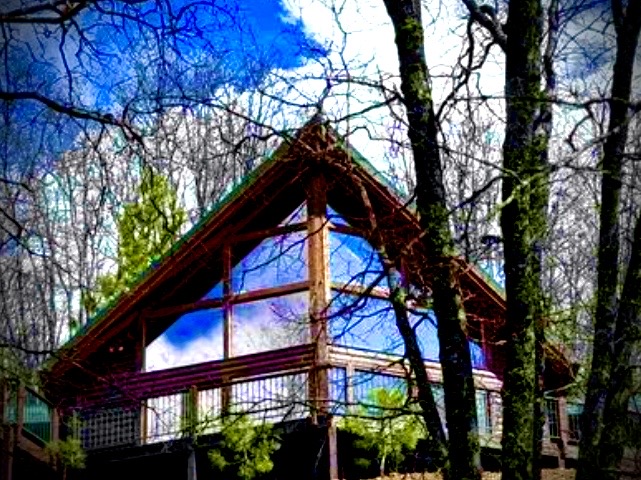 Cabin nestled among bare winter trees under blue sky