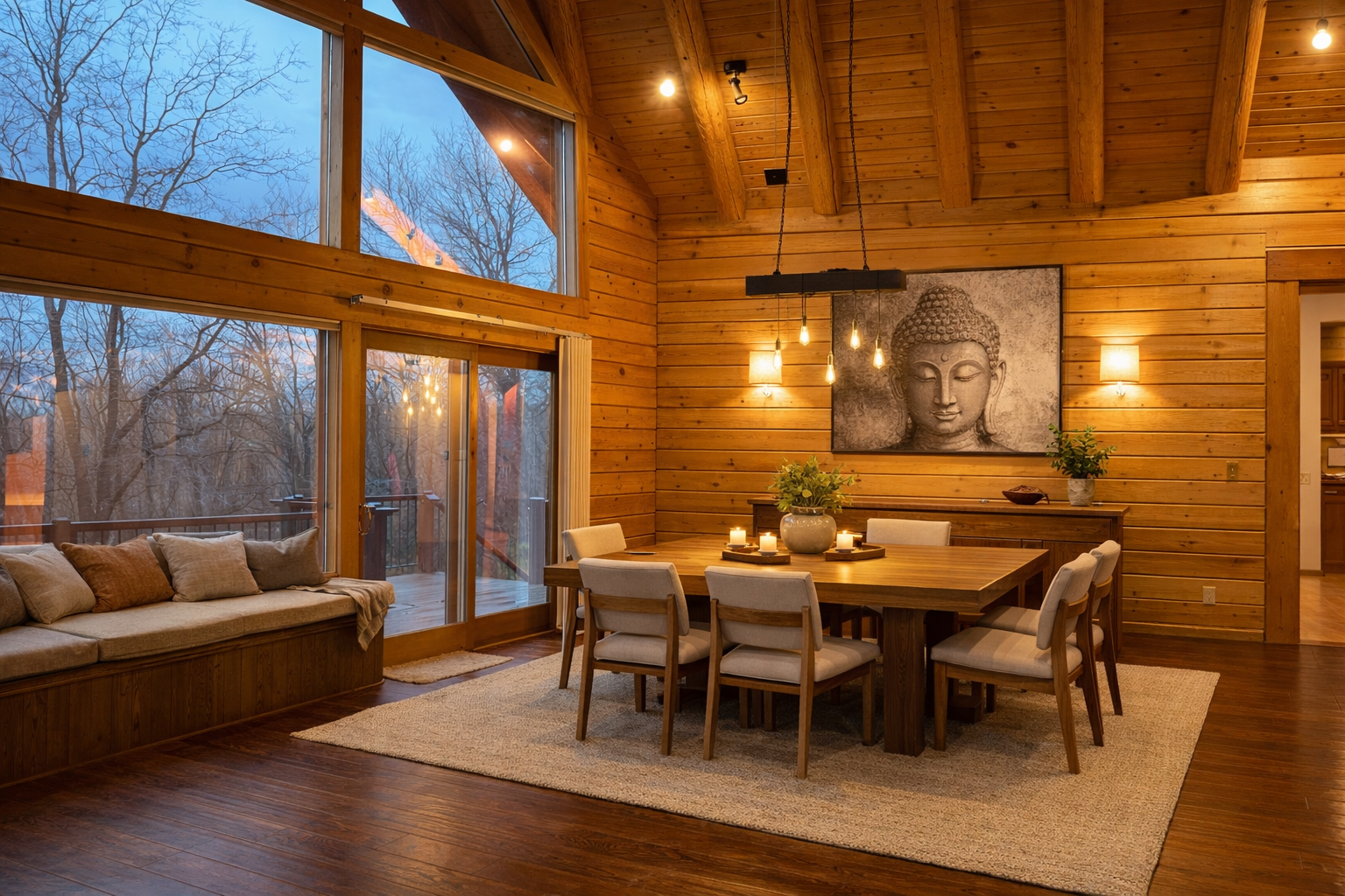 Dining table beneath a serene Buddha portrait in the cabin's vaulted great room