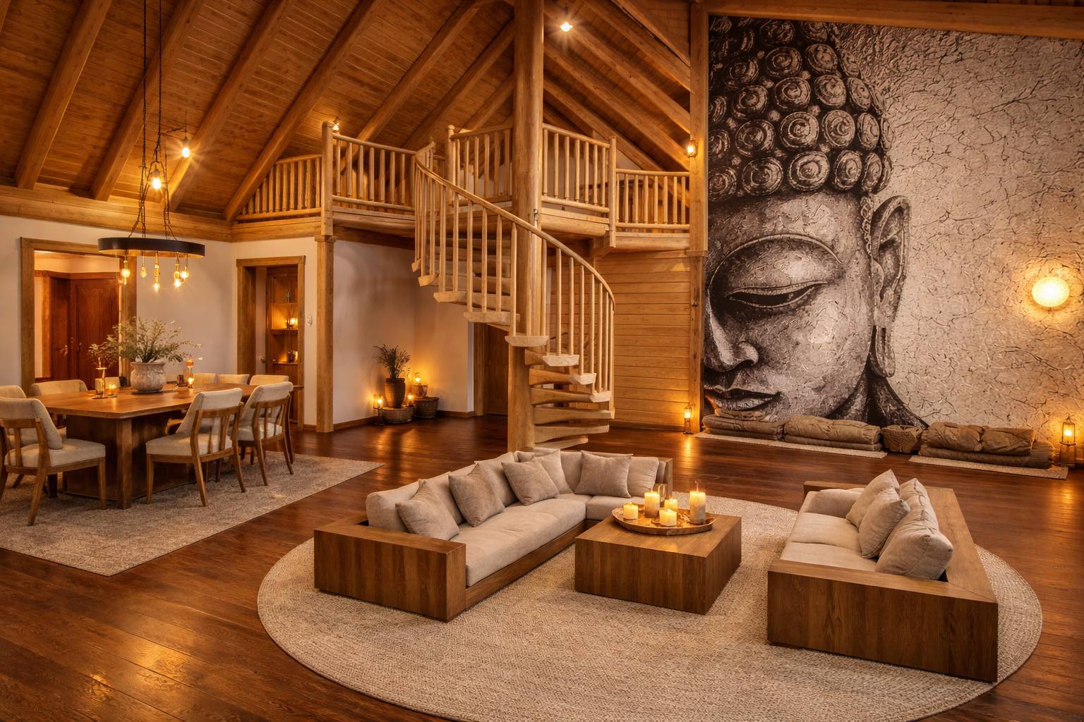 Great room with spiral staircase and large Buddha mural