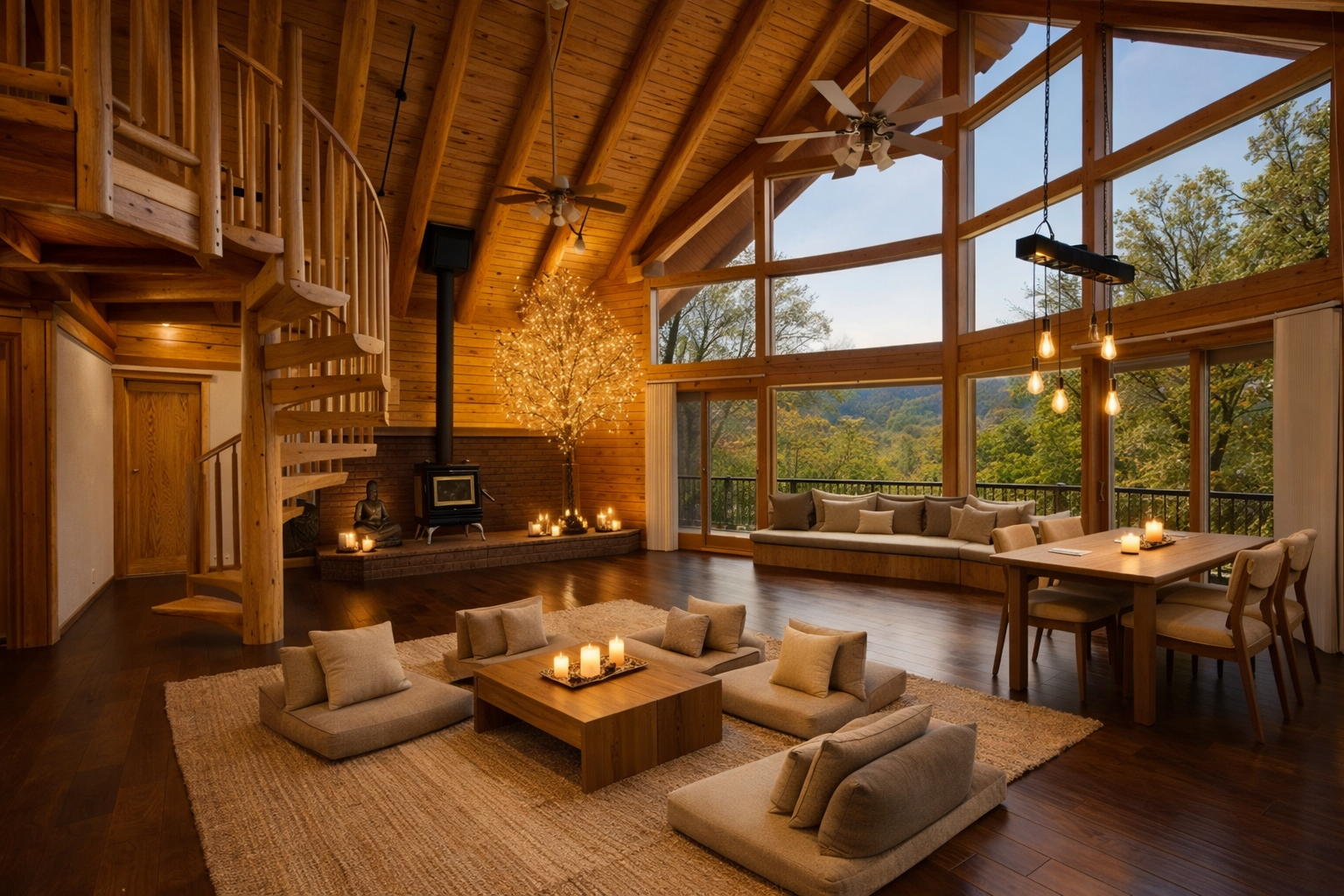 Daylight great room with spiral staircase, wood stove, and forest views through cathedral windows