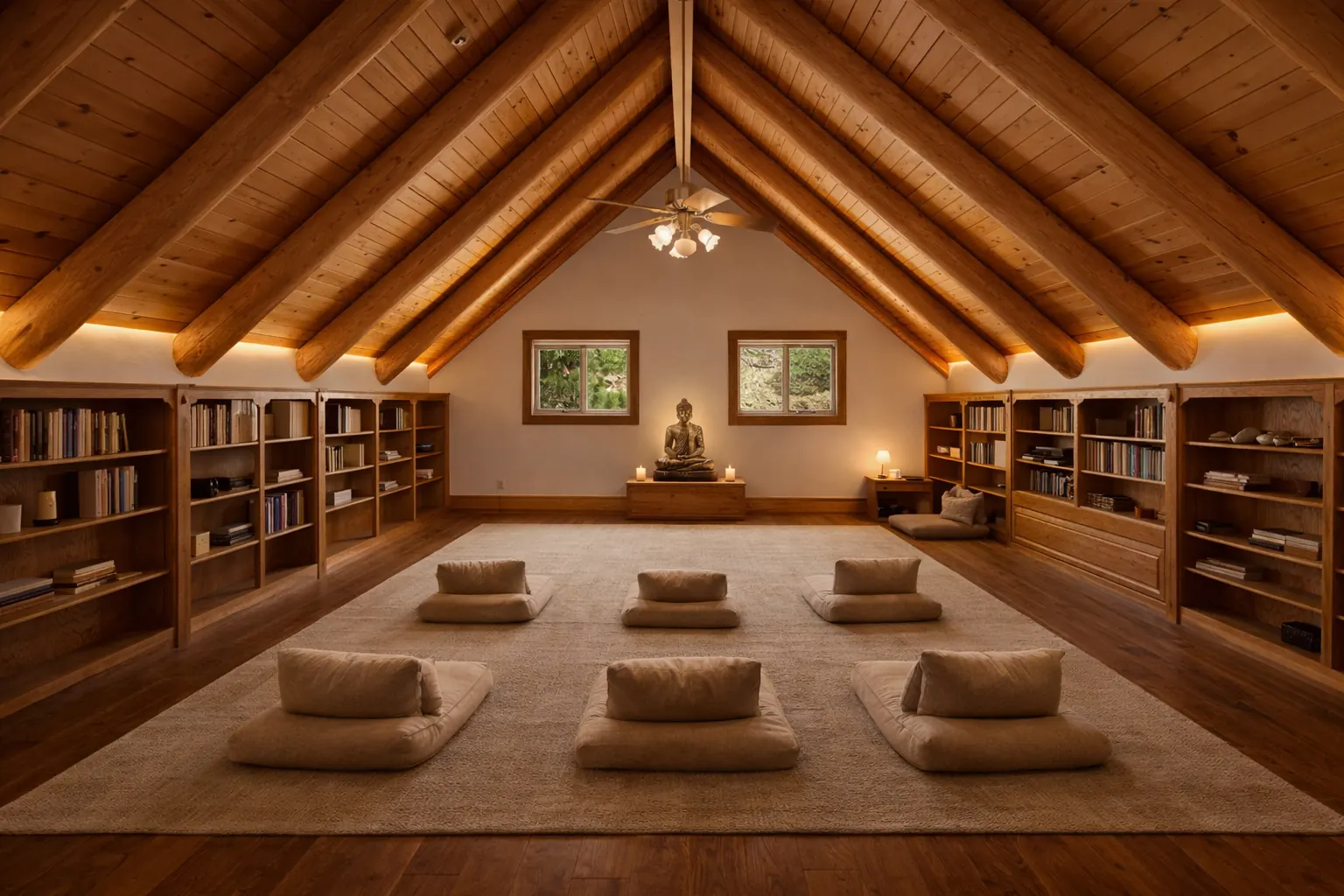 The vaulted meditation loft at Shasta Sanctuary, with cushions and a Buddha altar