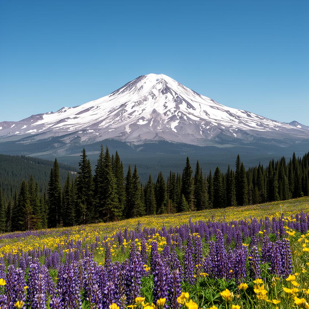 Mount Shasta on a sunlit summer day with alpine wildflowers